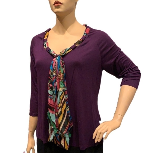 IGIGI Jersey 2 Pc. Top & Scarf Plus Size 18/20 Purple & Multi 3/4 Sleeves NWOT - Picture 6 of 10